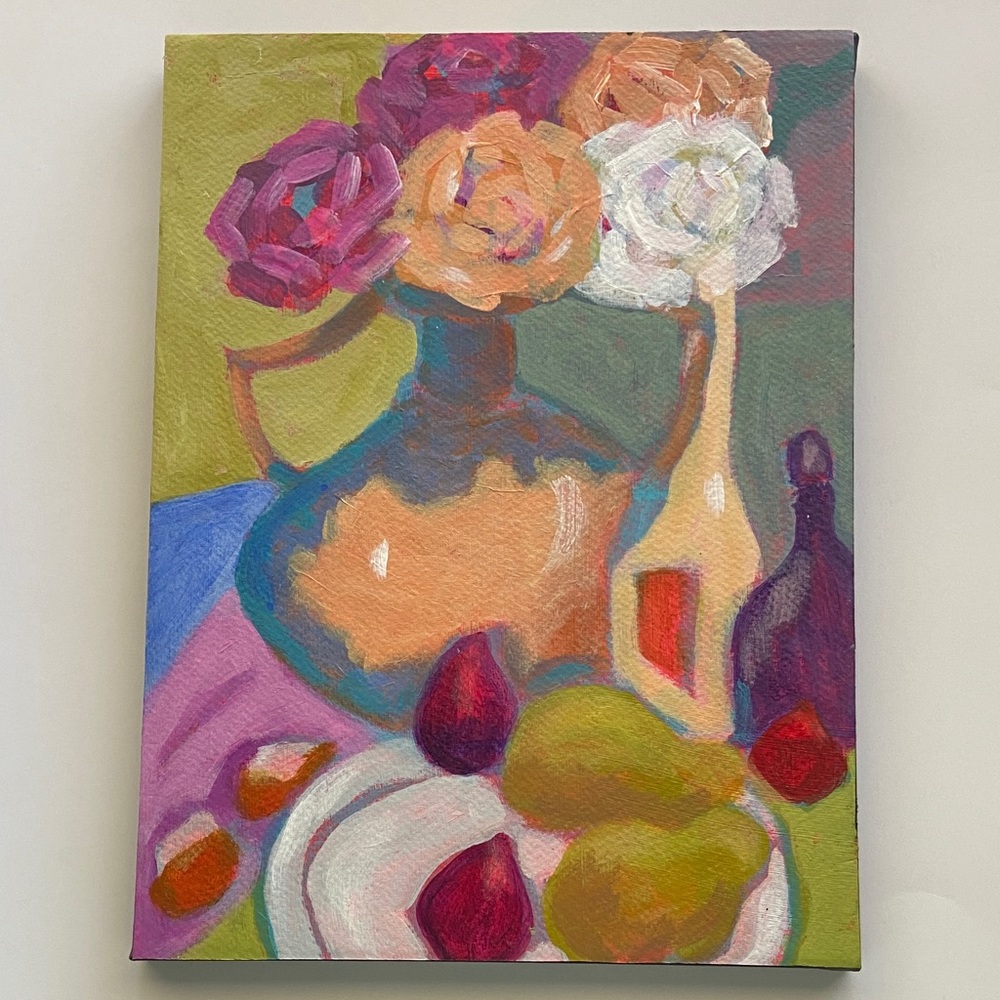 Colorful Garden Party Still Life - Original Canvas Art with Vibrant Florals